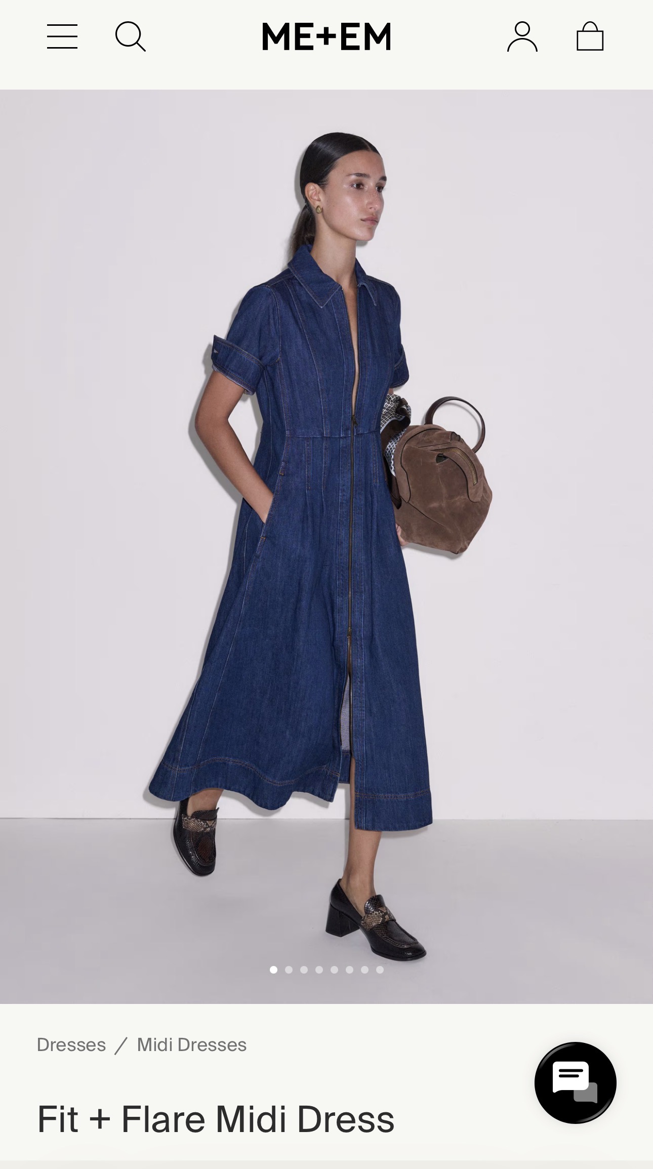 Model wearing the washed blue denim Fit and Flare Midi Dress