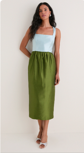Model wearing the pale blue and olive Colorblock Dupioni Brigitte Dress